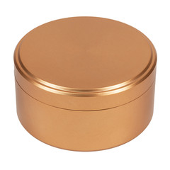 Brown aluminum can closed with a screw cap on a white background