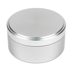 Silver aluminum can closed with a screw cap on a white background