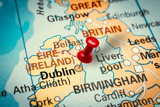 Pushpin pointing at Dublin city in Ireland