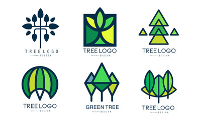 Obraz premium Tree Logo Templates Collection, Green Lined Badges, Abstract Organic Design Element Vector Illustration