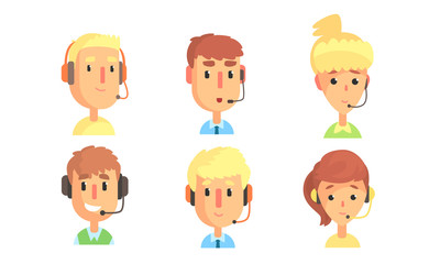 Cheerful Male and Female Customers Support Phone Operators Set, Call Center Employee Character with Headset Vector Illustration