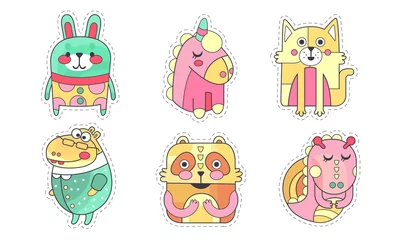 Fotobehang Lovely Animals Collection, Colorful Cloth Patches, Embroidery or Applique for Kids Clothing Decoration Vector Illustration © topvectors
