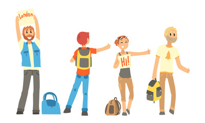 People Travelling by Autostop Collection, Male and Female Tourists Characters Hitchhiking and Catching a Car by Waving Hands Vector Illustratio