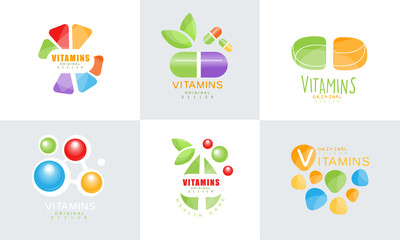 Vitamins Original Design Logo Collection, Healthy Life, Medicine Labels Vector Illustration
