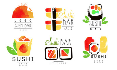 Sushi Bar Logo Original Design Collection, Oriental Japanese Food Badges Watercolor Vector Illustration