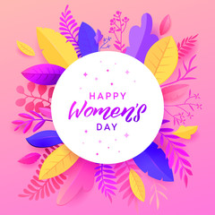 Happy Womens Day. March 8 banner with floral decor. Cut paper with a pattern of spring plants, leaves and flowers. Template for a poster, cards, banner Vector illustration.