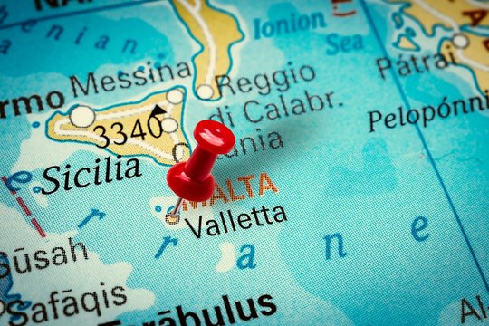 Pushpin pointing at Valletta city in Malta