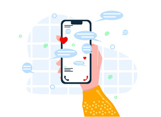 Female hand holding phone with message, icons and emoji. Communication concept on white background. Social networking concept. Vector flat cartoon illustration 
