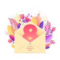 Happy Womens Day. March 8 banner with floral decor. Cut paper with a pattern of spring plants, leaves and flowers. Template for a poster, cards, banner Vector illustration