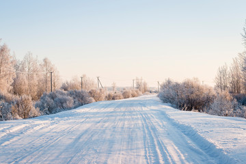 Fototapeta na wymiar Scenery. Countryside. Road with snowy bushes and trees on the side of the road. Blue sky, sunny frosty winter day.