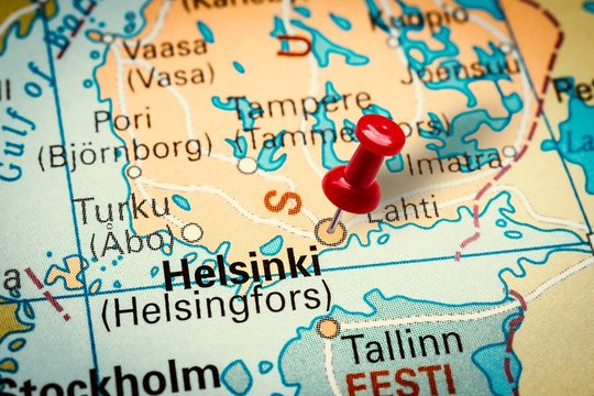Pushpin pointing at Helsinki city in Finland