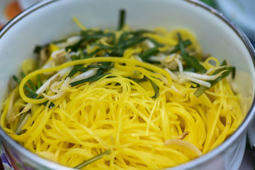 Close up stir fried chinese noodle.
