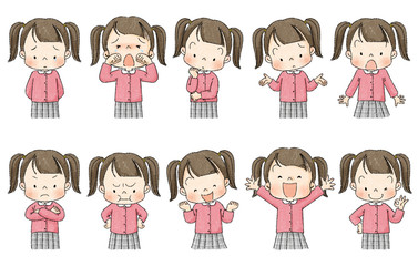 女の子　上半身ポーズセット表情 （黒線）