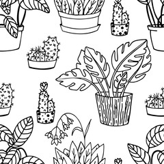 Seamless vector floral pattern. Home plants in pots. Ideal for paper, textile, gift and web products.