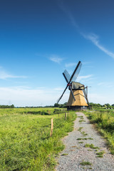 Fototapeta premium Wedelfelder Wasserschöpfmühle, historische Windmühle in ländlicher Umgebung, Ostfriesland, Niedersachsen, Deutschland