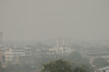 Air pollution from Lots of dust or PM2.5 particle exceeds the standard (AQI) at Bangkok, Thailand....