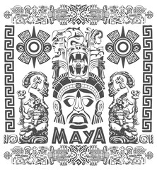 Fototapeta na wymiar Mayan Aztec Motifs Concept vector illustration, Tattoo Tribal Style.