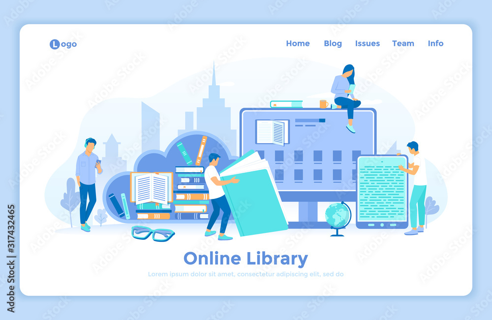 Poster online library reading e-learning shop. people with electronic open book, archive, ebook list on the