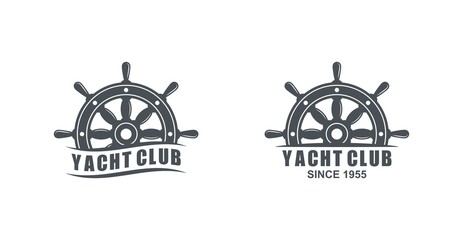 Set of black and white logos of yacht club on a white background. Vector drawing of a marine helm, text and wave. Illustration on the marine theme.
