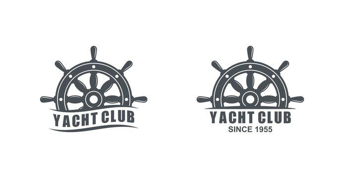 Set of black and white logos of yacht club on a white background. Vector drawing of a marine helm, text and wave. Illustration on the marine theme.
