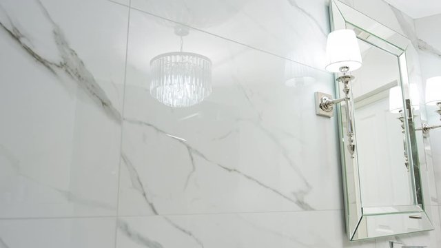 Luxury house bathroom interior, glamour white calacatta marble pattern