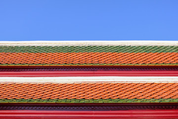 Traditional Roof of Thailand Temple Style over Clear Blue Sky Background  . Southeast Asian art and architecture