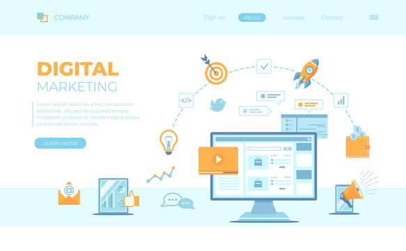 Digital marketing, Marketing strategy technologies concept. Social network,  media communication, targeting, content sharing, management. Can use for web banner, landing page, web template.