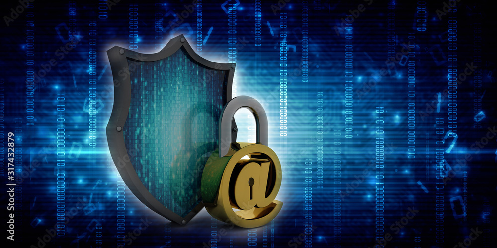 Poster 3d rendering e-mail symbol with lock. internet security concept