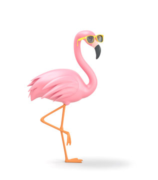 Pink flamingo in yellow sunglasses  isolated on white. Clipping path included