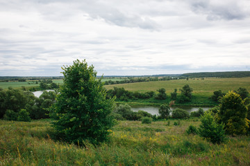 Fototapeta na wymiar Path in a green field, panoramic view of the river in summer. View from the top of the hill