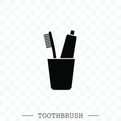 Vector icon of toothbrush and a tube of toothpaste in glass. Toothbrush icon vector. Teeth cleaning. vector with editable stroke. Dental toothbrush icon. dental  toothbrush vector. 
