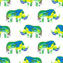 Fototapeta premium Seamless pattern of colorful watercolor paper collage of rhinoes on white background. Cute hippoes made of hand made craft paper on endless print. Wallpaper.