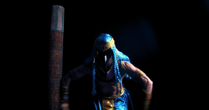 Dancing young muscular man wearing ancient egyptian clothes, 4k