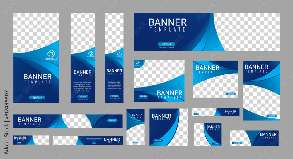 Sticker set of creative web banners of standard size with a place for photos. vertical, horizontal and squar