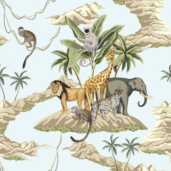 Vintage banana tree, palm tree, lion, monkey, indian elephant, giraffe animal, mountain floral seamless pattern white background. Exotic safari wallpaper.