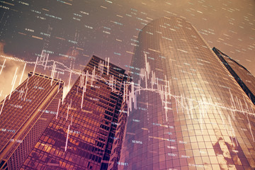 Forex chart on cityscape with skyscrapers wallpaper multi exposure. Financial research concept.