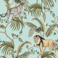 Behang Tropische print Vintage chinoiserieboom, palmbladeren, leeuw, luipaard dier naadloze bloemmotief blauwe achtergrond. Exotisch tropisch behang.