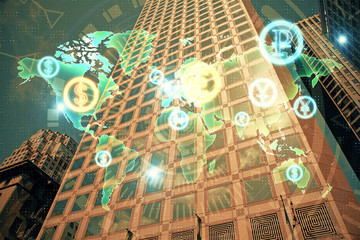 Forex chart on cityscape with tall buildings background multi exposure. Financial research concept.