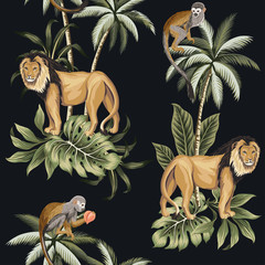 Vintage palm tree, lion, monkey animal floral seamless pattern dark background. Exotic tropical wallpaper.