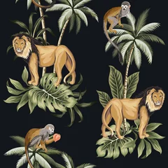 Wall murals African animals Vintage palm tree, lion, monkey animal floral seamless pattern dark background. Exotic tropical wallpaper.