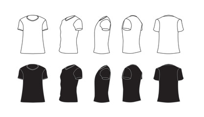 Black and white T-shirt mockup set, blank shirt front, side, perspective, rear views, different angles, vector eps10 illustration, copy space