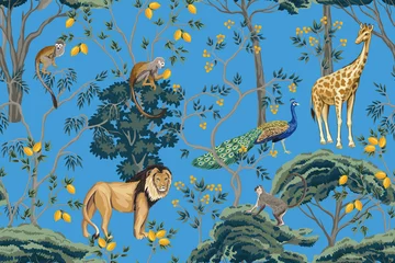 Keuken foto achterwand Tropische print Vintage chinoiserie fruitboom, plant, vogel, leeuw, giraf, aap, pauw naadloze patroon blauwe achtergrond. Exotisch oosters behang.