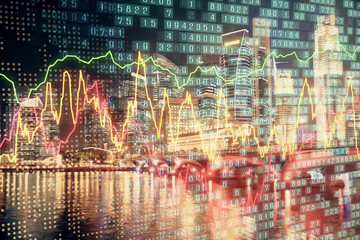 Financial chart on city scape with tall buildings background multi exposure. Analysis concept.