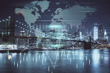 Obraz premium Financial chart on city scape with tall buildings background multi exposure. Analysis concept.