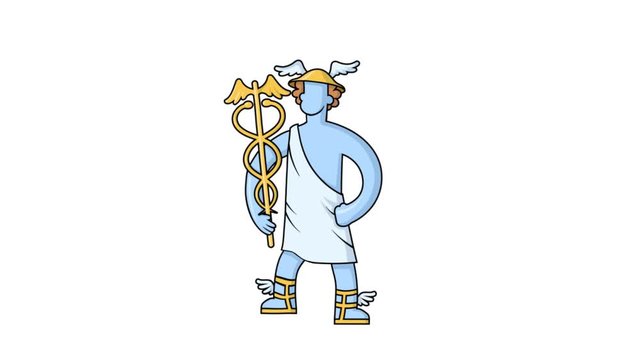 Looping animation of Greek god Hermes on white background with alpha channel mask to edit transition. Ancient Greece mythology animated character.