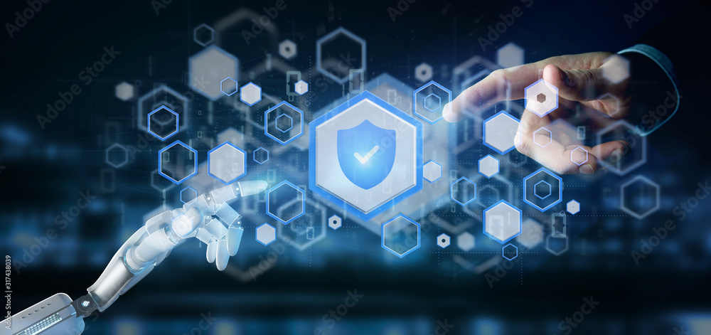 Poster cyborg hand holding a shield web security concept 3d rendering