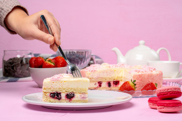 Homemade cream layer biscuit cake with strawberry