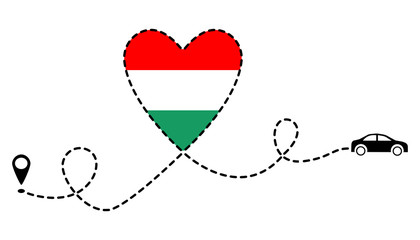 Travel by car to Hungary. Love to travel by car. Vector for tourism; labels, stickers, tags, banners, web stickers.