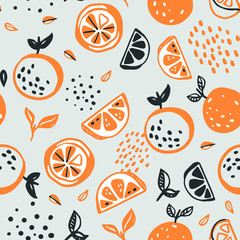 Seamless hand drawn vector pattern of decorative oranges. Citrus pattern. Textile background. Design for cards.