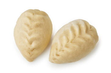 Pyance dumpling isolated on white background. Asian street food. Top view of Korean delicious steamed dumplings.